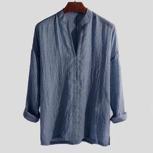 Chemises décontractées pour hommes Hommes Tops Homme Chemise Été Coton Lin Col montant Élégant Col V Vintage Vêtements Manches Longues Rétro