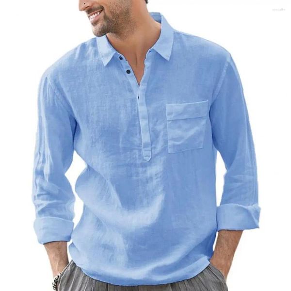 Camisas casuales para hombres Tops para hombres Color sólido Bolsillo de manga larga Tipo delgado Cuello vuelto Jersey Blusa de verano Camiseta para uso diario