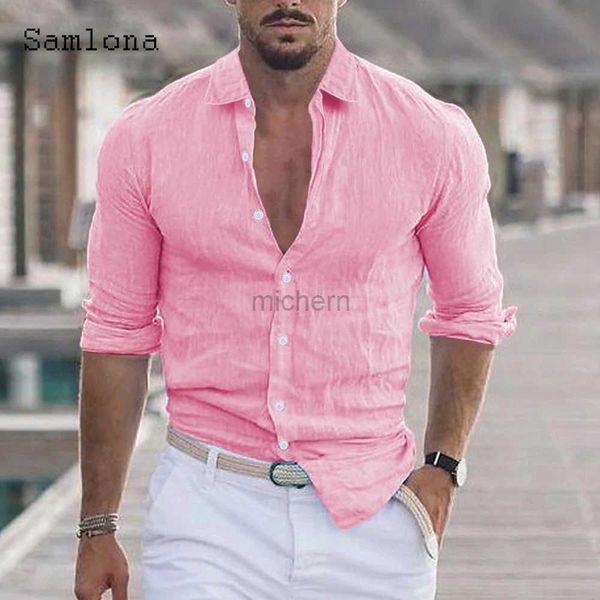 Camisas casuales para hombres hombres tops de lino de cuello giratorios modelo 2023 blusa de moda europea ÚLTIMA CAMISA DE verano ropa 240416