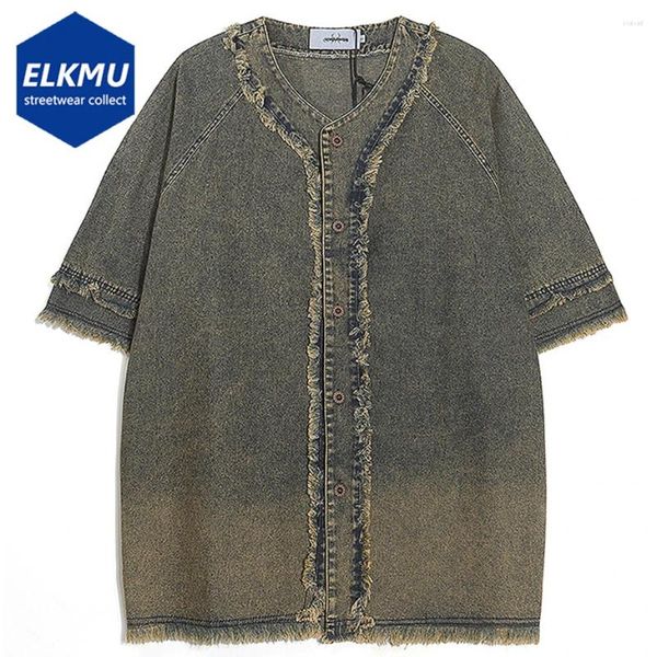 Chemises décontractées pour hommes hommes vintage Denim Tassel épissant les jeans bleus lâches Bouton Up Blouse Summer Sleeve