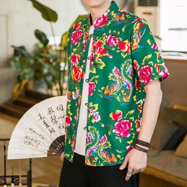 Camisas casuales para hombres Camisa vintage de manga corta estilo chino verano con collar de soporte de patrones de flores del noreste