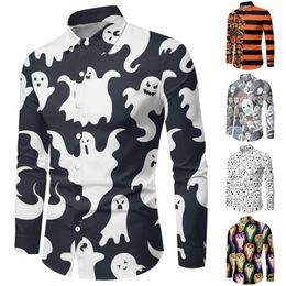 Chemises décontractées pour hommes Chemise vintage d'été hawaïenne à manches longues pour hommes Halloween Citrouille Imprimé Plage Homme Surdimensionné Hemd #