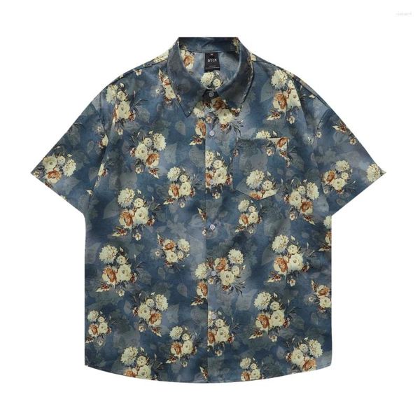 Chemises décontractées pour hommes Hommes Y2K Chemise hawaïenne à manches courtes Femmes Fleur Plante Imprimer Azure Beach Unisexe Hip Hop Bleu foncé Aloha Thin Tops