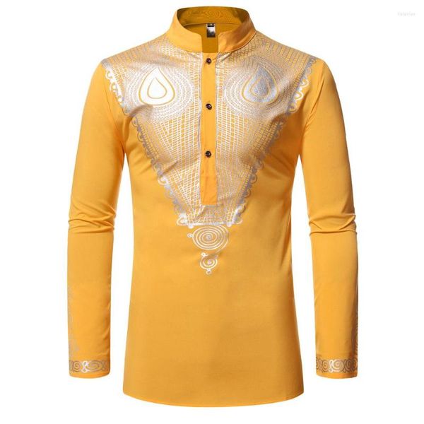 Hommes chemises décontractées hommes jaune à manches longues chemise africaine Dashiki col Mandarin Hip Hop ethnique affaires pulls travail bureau haut