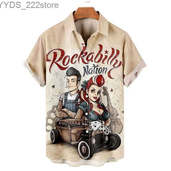 Chemises décontractées pour hommes Mens 3D Retro Fashion Violine Rocking Arm à bascule Rockabily Haian Shirt Short à manches à manches