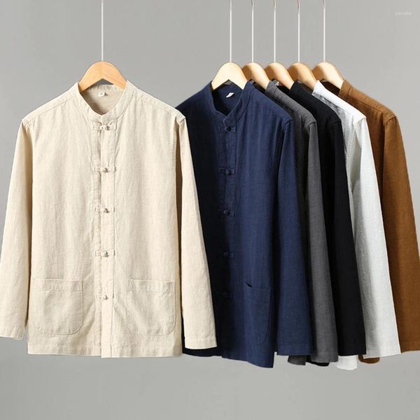 Camisas casuales para hombres para hombre otoño e invierno traje tang stand collar algodón lino camisa de manga larga suelta estilo chino botón-abajo
