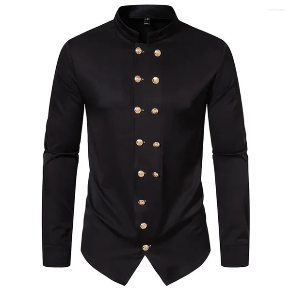 Chemises décontractées pour hommes Hommes Automne Hiver Britannique Rétro Manches Longues Chemise À Double Boutonnage Tops Couleur Unie Blouses Occidentales Col Henry