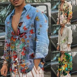 Casual herenoverhemden Heren barok vlinderbedrukt Hawaiiaans overhemd Strandblouse met lange mouwen, button-down oversized tee-tops, feestjurk