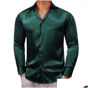 Chemises décontractées pour hommes Hommes Barry Wang 30 couleurs pour hommes à manches longues en soie solide satin rouge bleu vert jaune or violet sier tissu masculin Dh4Vo