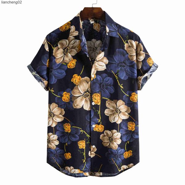 Chemises décontractées pour hommes Chemises en lin de plage pour hommes Camisa Masculina Marque Vintage Floral Print Hawaiian Shirt Men Slim Fit Short Sleeve Chemise Homme XXL W0328