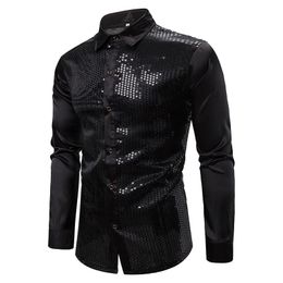 Hommes chemises décontractées hommes noir à manches longues robe boutonnée 2021 brillant Sequin soie Satin Chemise hommes affaires fête Homme Chemise Homme