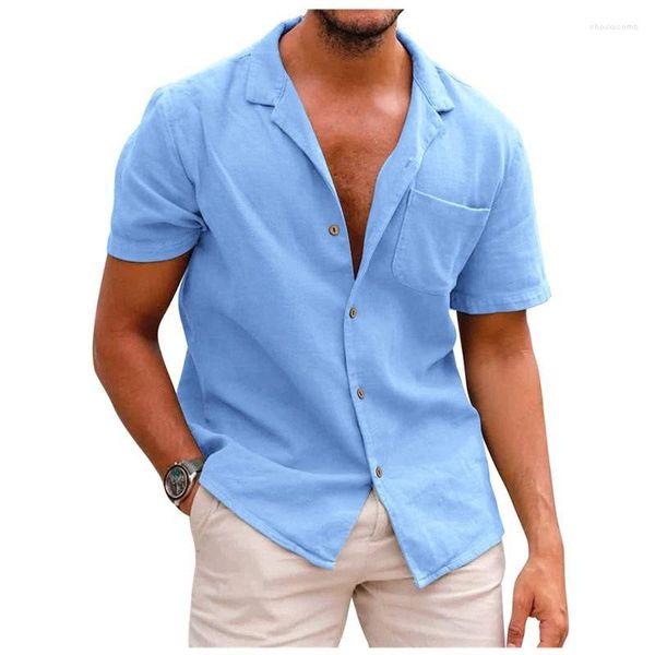 Camicie casual da uomo Camicie da uomo in cotone blu lino estate manica corta tasca traspirante stile spiaggia vacanza tinta unita top larghi