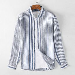 Chemises décontractées pour hommes Chemise en lin à rayures bleues Chemise à manches longues élégante boutonnée pour hommes Vêtements de créateurs Robe