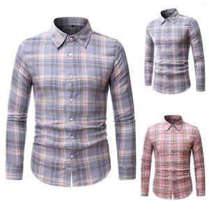 Camisas casuales para hombres Body para hombre Romper Slim Plaid Turndown-Collar Camisa de manga larga Top Blusa Púrpura Hombres Ropa Tee