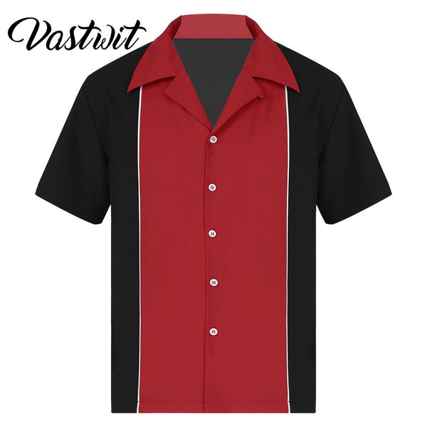 Chemises décontractées pour hommes Chemises de bowling pour hommes Chemises rétro à manches courtes boutonnées Casual 50s Tee Color Block Striped Chemise à col cranté 230328