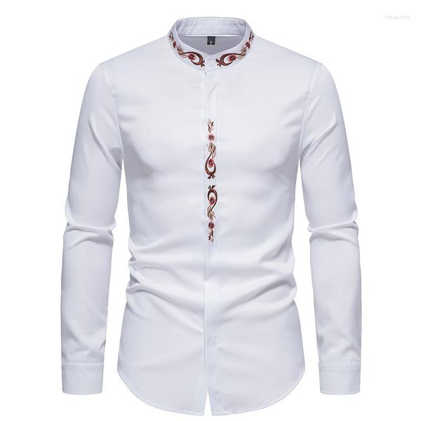 Hommes Chemises Décontractées Hommes Marque Broderie Bouton Up Hipster Slim Fit À Manches Longues Col Mandarin Chemise Hommes Travail Affaires Chemise Homme