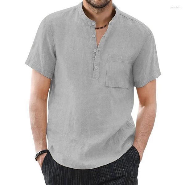 Camisas informales para hombre, Bodi con botones para hombre, camisa superior sólida de primavera y verano para hombre, Tops con cuello levantado de lino y algodón, vino corto de vacaciones