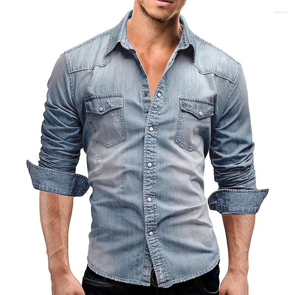 Chemises décontractées pour hommes Chemise en jean boutonnée pour hommes à manches longues revers Jean Slim Fit lavé avec poches poitrine