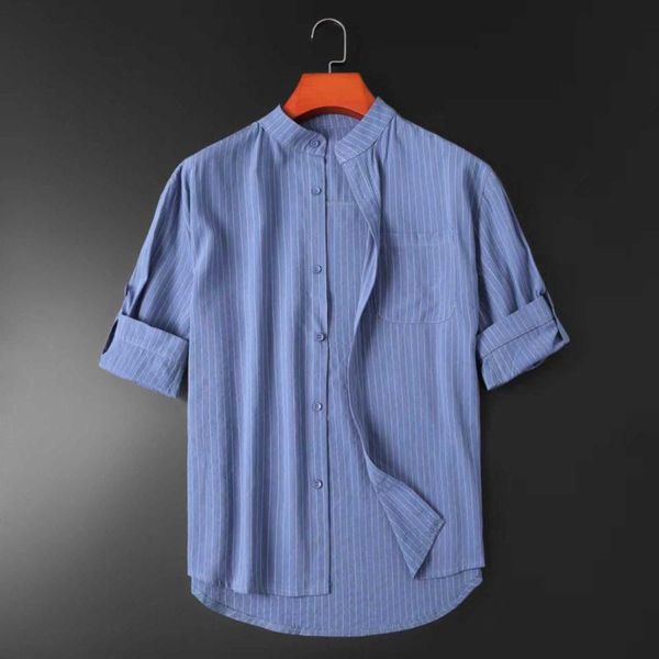 Camisas informales para hombre, camisa con botones para hombre, manga enrollada a rayas para hombre, blusa con medio bolsillo y cuello levantado, camisetas para hombre