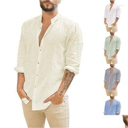 Chemises décontractées pour hommes Hommes Camisas 2023 Chemise en lin Hommes Manches longues Blouse Tops amples Printemps Été Beau Loisirs Blanc Bleu Drop Dh5F0