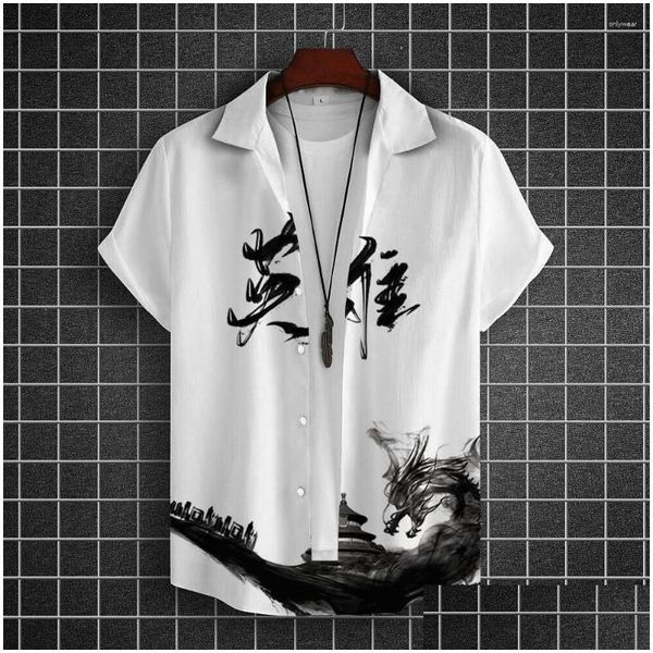 Chemises décontractées pour hommes Chemises décontractées pour hommes Chemise de mode de tatouage de caractère chinois Impression 3D Homme hawaïen Quotidien Caucal Hommes Haut d'été Tissu Dhdzf
