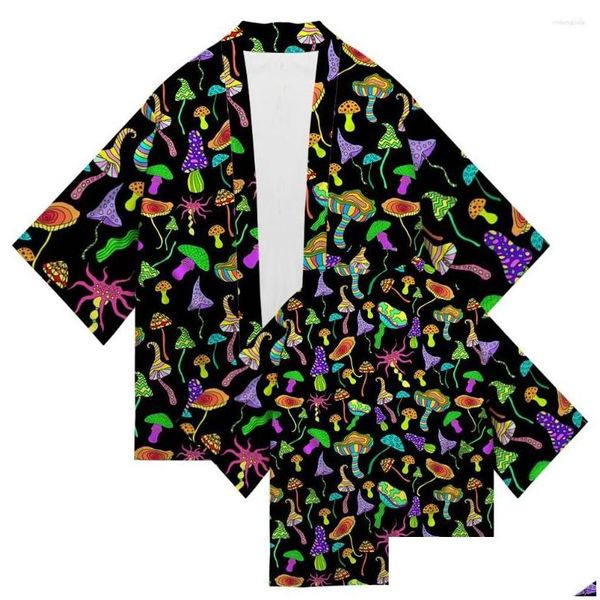 Camisas casuales para hombres camisas casuales casuales japoneses kimono tradicional estampado de champiñones