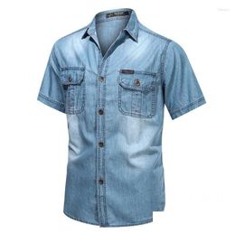 Men's Casual Shirts Chemises décontractées pour hommes Hommes à manches courtes Denim Mti Poches Outillage Été Bleu Jeans Haute Qualité Coton 3 Drop Delive Otpyz