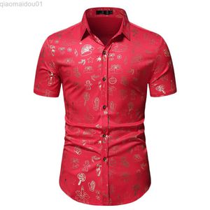 Heren Casual Shirts Heren Casual Korte Mouw Shirts 2022 Glanzende Rode Bloemenprint Kerst Shirt Mannen Xmas Party Hawaiian Shirt Mannelijke Camisa Masculina L230721