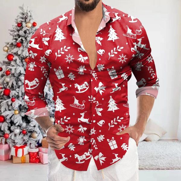 Camisas casuales para hombres Camisa de Navidad de Navidad Xmas Santa Claus REINGINO 3D Impresión Blusos de solapa de larga
