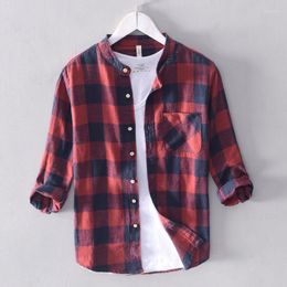 Mannen Casual Shirts Heren Katoen Linnen Plaid 3/4 Mouw Mannen Stand Kraag Vlas Sociale Zakelijke Jurk Mannelijke Tops Doek TS-506