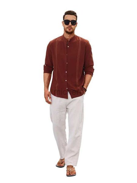 Chemises décontractées pour hommes pour hommes Cuban Guayabera Linon Bouton-Down Roll Up Shirt For Men Band Collar Summer Beach Tops Chemise Homme 240416