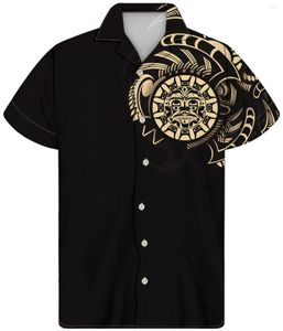 Camisas casuales para hombres Botón premium personalizado Tribal Polinesio Top Fondo negro con rayas doradas Impresión de cara Mangas cortas