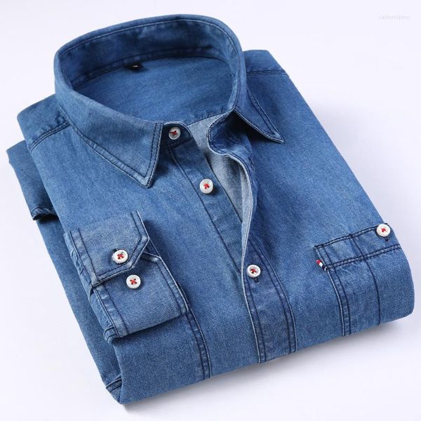 Chemises décontractées pour hommes Chemise en denim pour hommes Mode Regualr Double Poche Coton Jeans À Manches Longues Bleu Cowboy Vêtements