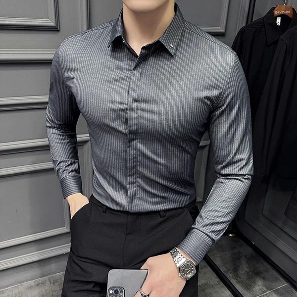 Camisas casuales para hombres vestido para hombre de alta calidad de negocios de manga larga camisa social slim fit blusa de rayas oscuras homme tamaño grande esmoquin