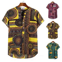 Casual shirts heren heren Ethnische stijl korte mouw Hawaiiaanse shirts vintage print stand kraag pullover shirt button up strand shirt man chemise homme z0224