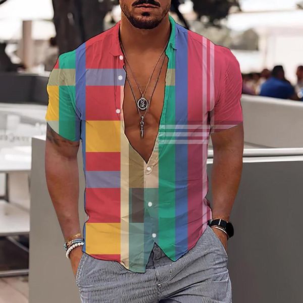 Chemises décontractées pour hommes Mode et loisirs pour hommes Impression numérique 3D Bouton Revers Chemise à manches courtes Tops Retro Party