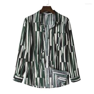 Casual shirts heren heren Mens Fashion Green Striped Print Rapel Pocket Men Cotton Long Sleeve Button Up Shirt Blouse