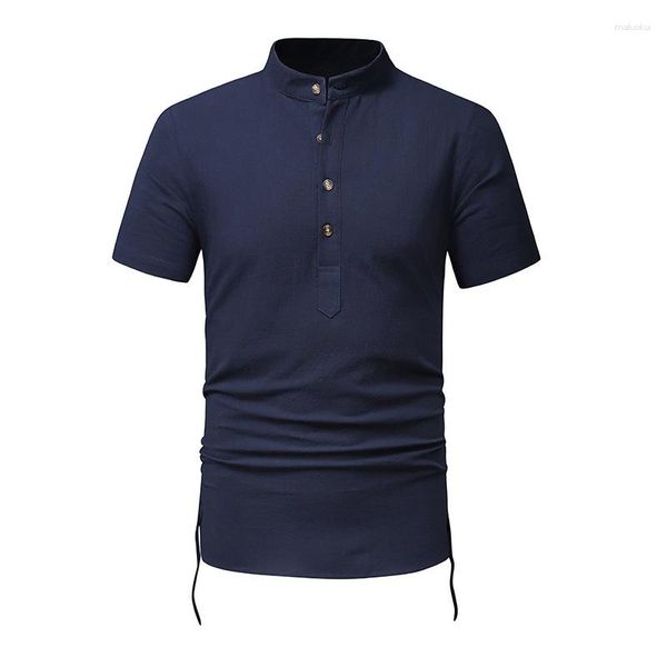 Camisas casuales para hombre Moda para hombre Henley Verano de manga corta con cordón de algodón Lino Camisa de playa Hombres Hippie Boda Yoga Chemise