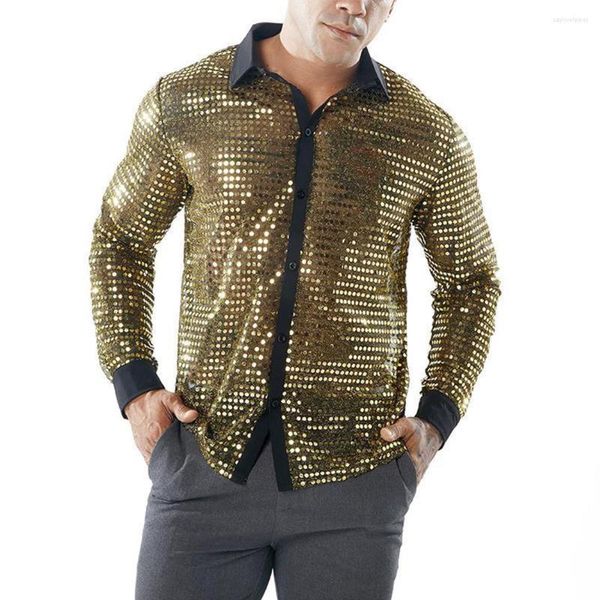 Camisas casuales masculinas para hombres moda holográfica lentejuelas brillantes ver a través de disfraces de malla ropa de baile de la noche