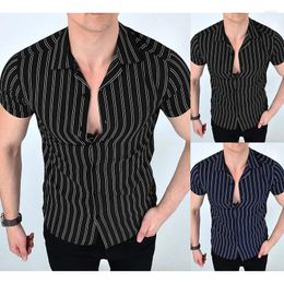 Chemises décontractées pour hommes Fashion Summer Double rayures à manches courtes Bouton Social Male Business Hawaiana Beach Muscle Slim Fit Tissu