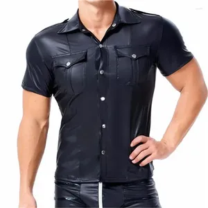 Chemises décontractées pour hommes pour hommes faux cuir à manches courtes bouton cool t-shirt nightclub stade costumes latex tops uniformes clubs clubs de danse