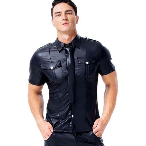 Hommes chemises décontractées hommes Faux cuir T Fitness hauts à manches courtes chemise boutonnée PU Wetlook uniformes danse Clubwear