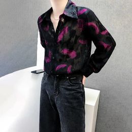 Camisas casuales para hombres para hombre bordado de plumas sexy malla perspectiva camisa de manga larga otoño sin género moda club nocturno hueco top delgado