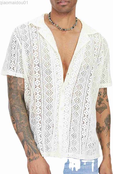 Chemises décontractées pour hommes Dentelle florale pour hommes Voir à travers des chemises d'été à manches courtes boutonnées évider Chemise transparente Hommes Party Club Chemise Homme L230721