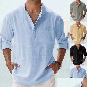 Casual shirts heren heren voor mannen lichtgewicht lange mouw Henley Beach Hawaiian t drop levering kleding kleding Dh9uc