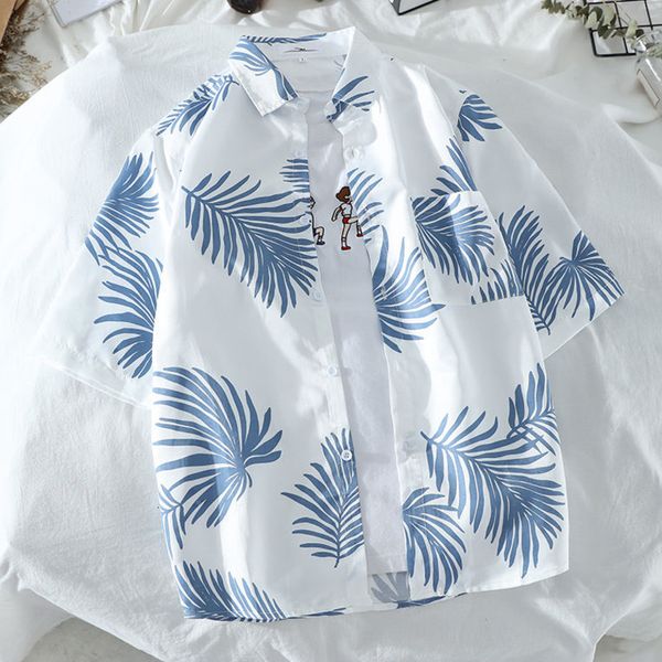 Camisas casuales para hombres Camisas de manga corta con cuello vuelto y estampado de hojas de palma estilo hawaiano para hombre 230411