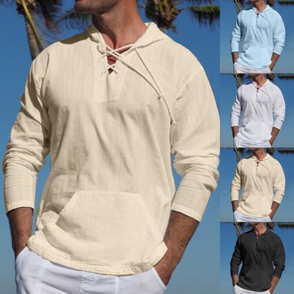 Camisas informales para hombre, camisas hawaianas para primavera y otoño, playa, algodón Tropical, correa de lino, bolsillo, Color sólido, con capucha, manga larga, hombre Medieval