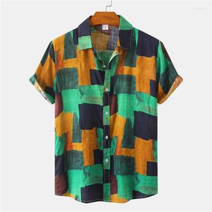 Hommes chemises décontractées hommes irrégulière couleur bloc couture impression revers à manches courtes chemise Camisa Hawaiana Masculina 2023 été