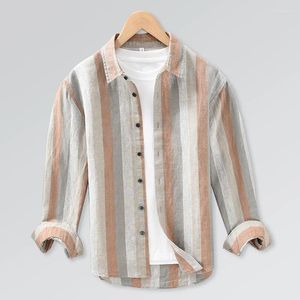 Chemises décontractées pour hommes Chemise en lin pour hommes à manches longues à rayures verticales imprimé Baggy col rabattu boutonné Harajuku Tops vêtements masculins