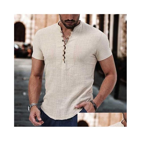 Camisas casuales para hombres Camisa de lino para hombre Verano Henley Negro Vino blanco Manga corta Llanura Cuello en V Ropa diaria Ropa de entrega Dh8Ad